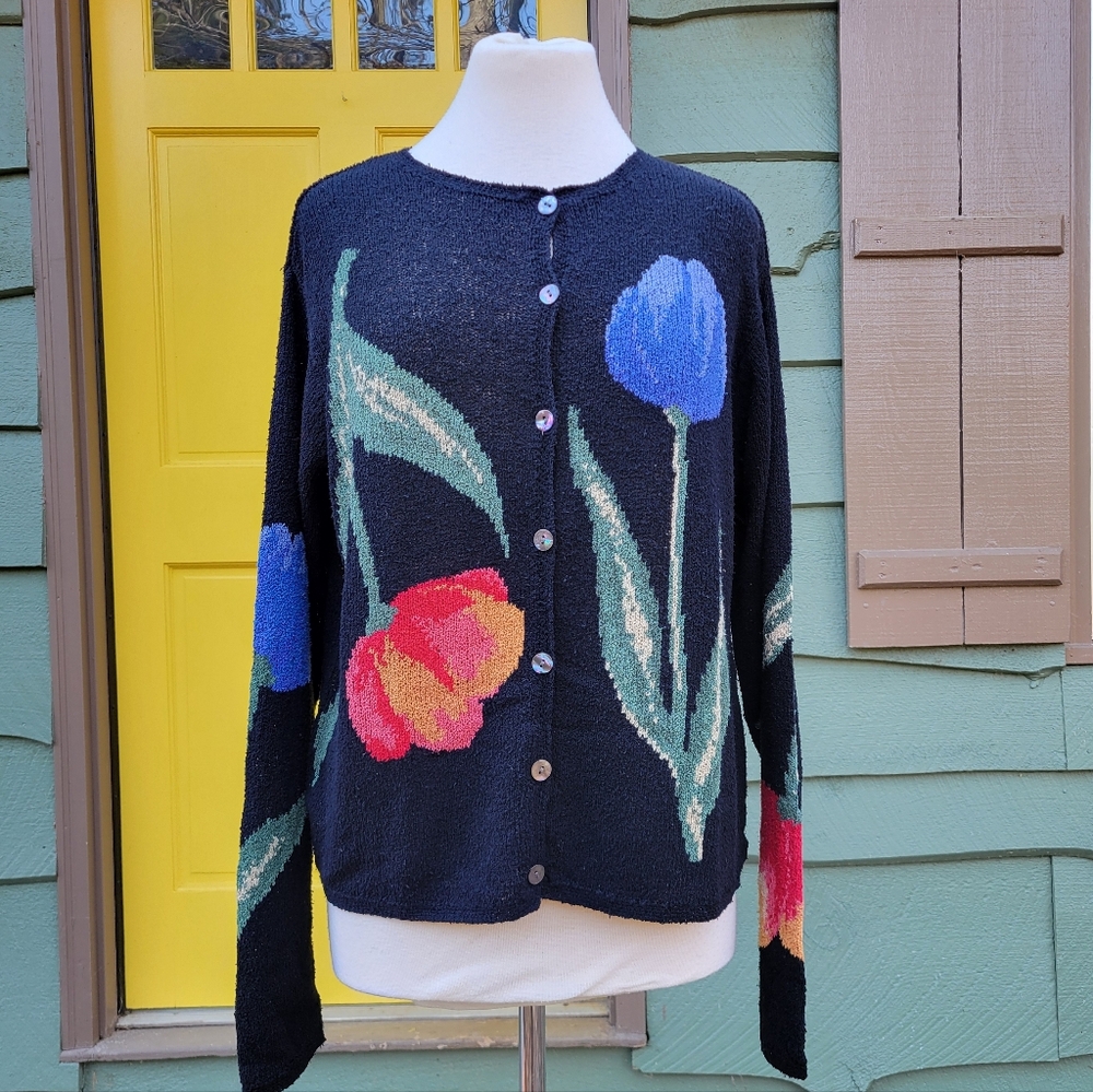 Vintage 90s Robert Scott Silk Blend Tulip Floral Cardigan M